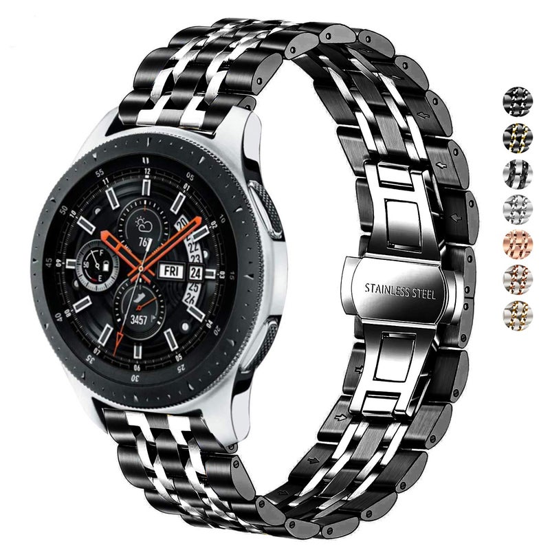 DEALELE Band Compatible with Samsung Gear S3 / Galaxy Watch 46mm / Galaxy Watch 3 45mm, 22mm 7-Rows Stainless Steel Metal Replacement Strap for Huawei Watch 3/3 Pro / GT3 46mm (Black-Silver) - Image 1
